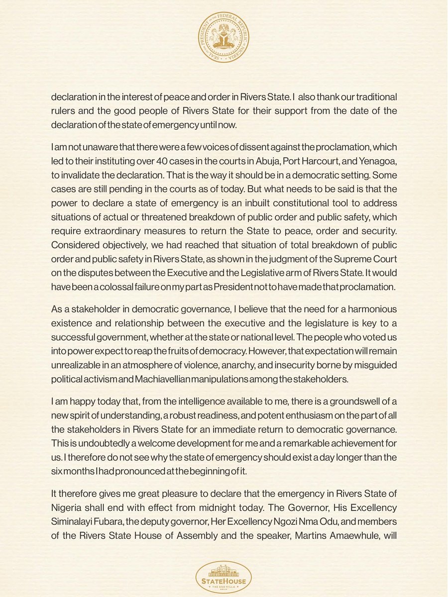 ElezeJunior's tweet photo. With effect from midnight today, the State of Emergency in Rivers State is hereby lifted. Gov. Sim Fubara, Deputy Gov. Ngozi Nma Odu &amp; the State House of Assembly will resume their constitutional duties from September 18, 2025. https://t.co/jkVwDYUOuU