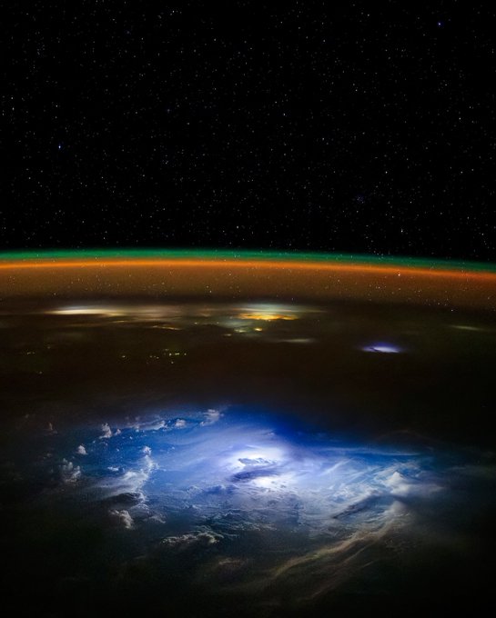 Stars, the airglow and a bright flash of lightning.

Possibly the best picture taken by <a href="/astro_Pettit/">Don Pettit</a> from the International Space Station.