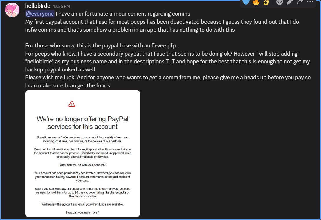I got got yall T_T an unfortunate announcement:
Please read this carefully if you're a regular commissioner of mine!!! 
Somehow p4ypal I guess has to snoop around peoples social media to see if we're being good or nah