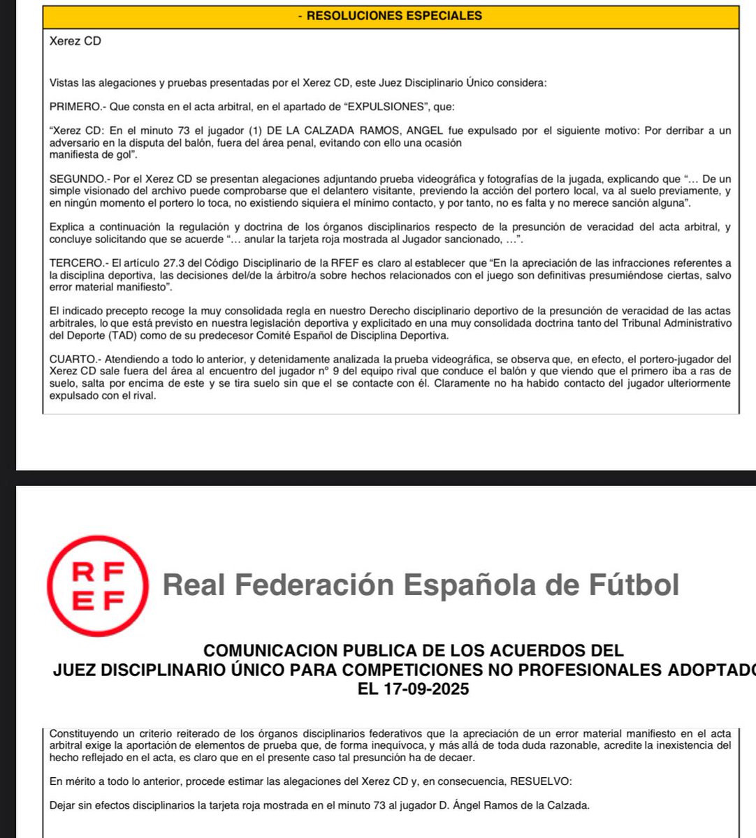 👀 Buenas noticias para el <a href="/XerezCD_OFICIAL/">Xerez Club Deportivo</a> 

↩️ La <a href="/rfef/">RFEF</a>, tras la revisión de las pruebas emitidas por el Xerez, le ha quitado la tarjeta roja a Angel de la Calzada.

✅️ El portero xerecista estará disponible para el partido a domicilio frente al Águilas.