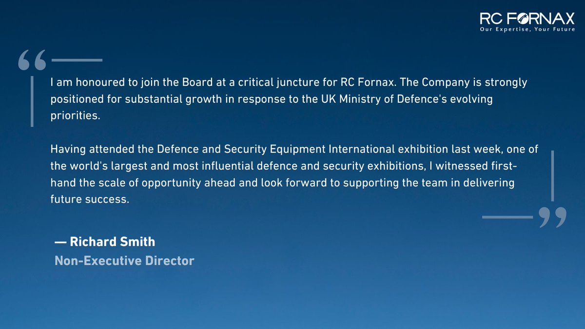 🤝#RCFX is delighted to appoint Richard Smith as Non-Executive Director. With a background in financial leadership, governance, &amp; strategic transformation across defence, infrastructure, &amp; technology sectors, he brings a wealth of experience to the role ➡️ tinyurl.com/55m657nc