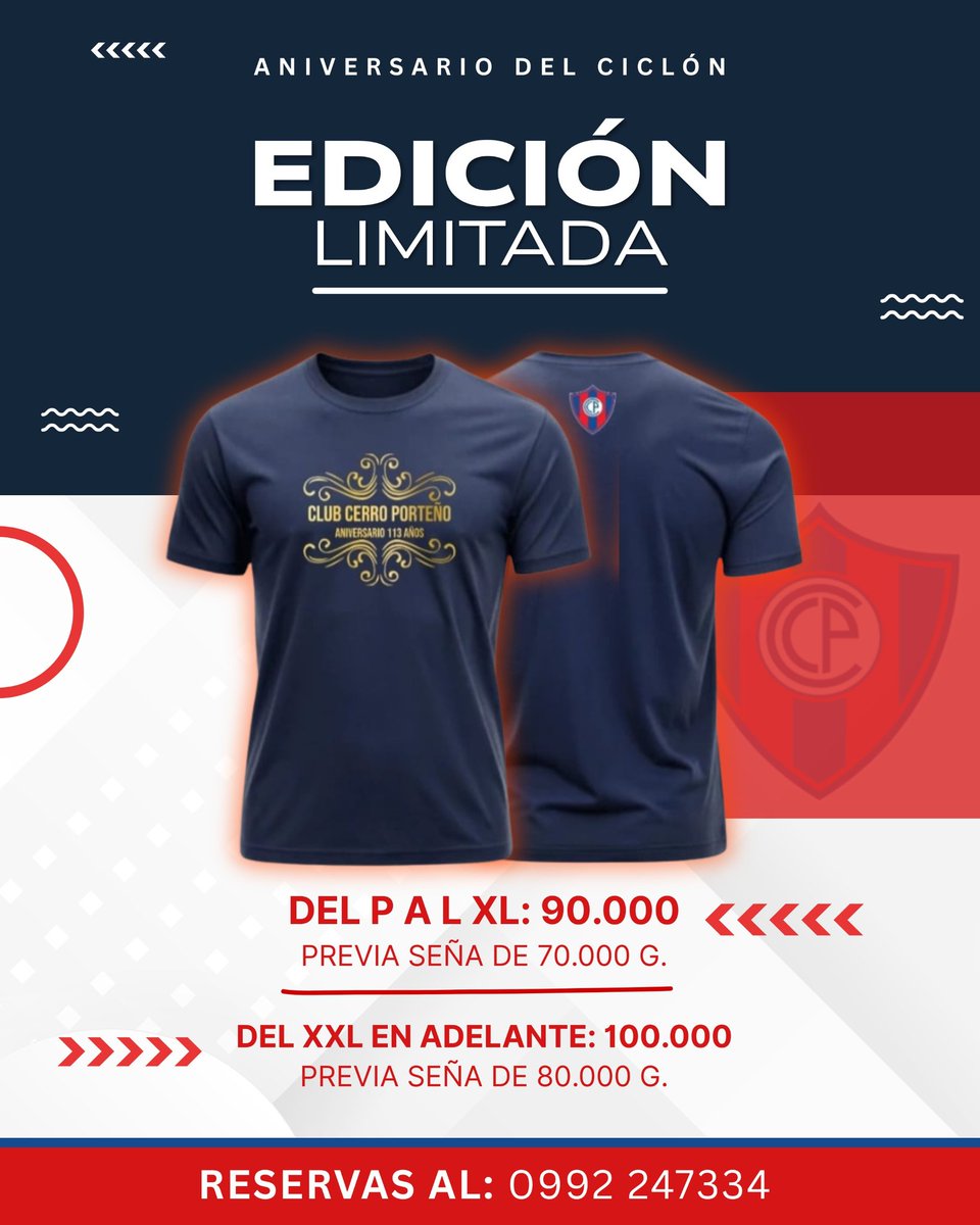 ¡El Ciclón está de fiesta! 🔵🔴

Conmemoramos el Aniversario de nuestro querido Cerro Porteño con una remera edición limitada que no puede faltar en tu colección.

📲 ¡Reservá la tuya al 0992 247334!