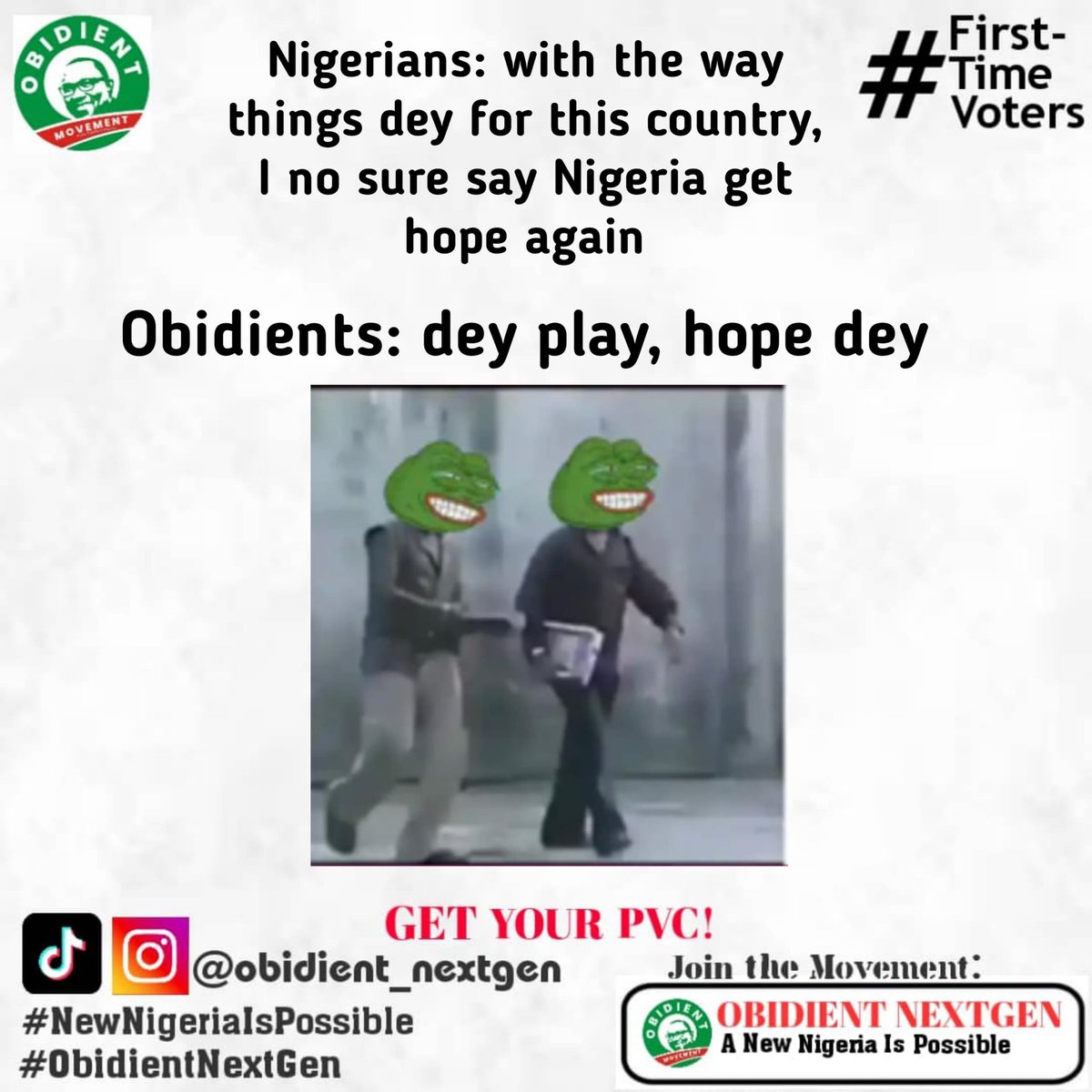 Hope dey 🥹

<a href="/PeterObi/">Peter Obi</a>
<a href="/AishaYesufu/">Aisha Yesufu</a>
<a href="/Morris_Monye/">Morris Monye</a>
<a href="/YunusaTanko/">Dr Yunusa Tanko</a>
<a href="/Drmopaul/">Dr Mo (Moses Paul)</a>
@JOBIdient_
<a href="/spiritofwilly/">DickWilliamsAzibagir</a>
<a href="/ehimaggie/">Switchild #Dadiyata #Ifulikevote4morehungerin2027</a>

#ObidientNextGen
#NewNigeriaIsPossible