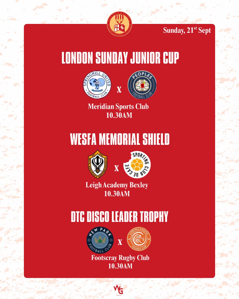 THIS SUNDAYS CUP FIXTURES 🏆

<a href="/WESFA_Football/">W.E.S.F.A.</a>