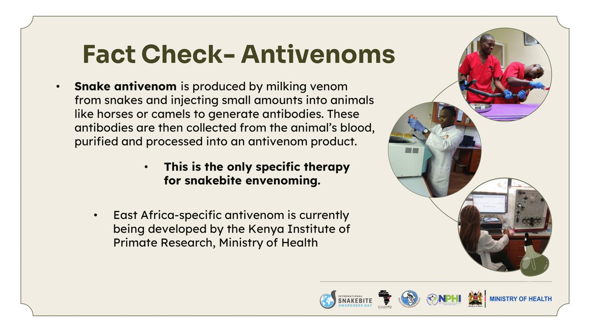 Research creates solutions while policy delivers them. Together, they make lifesaving antivenoms accessible to those who need them most.
#snakebiteawareness #research #policy
<a href="/primateresearch/">Kenya Institute of Primate Research - KIPRE</a>
<a href="/LSTMnews/">LSTM</a>
<a href="/PublicHealthMoH/">State Department for Public Health</a>
<a href="/MOH_Kenya/">Ministry of Health</a>