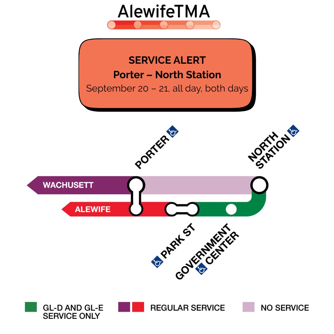 𝐒𝐞𝐫𝐯𝐢𝐜𝐞 𝐀𝐥𝐞𝐫𝐭: 𝐏𝐨𝐫𝐭𝐞𝐫 – 𝐍𝐨𝐫𝐭𝐡 𝐒𝐭𝐚𝐭𝐢𝐨𝐧
September 20 – 21, all day, both days

Red and Green Line service will replace regular Commuter Rail service between North Station and Porter. For more info see mbta.com/alerts/commute…. #MBTA #AlewifeTMA