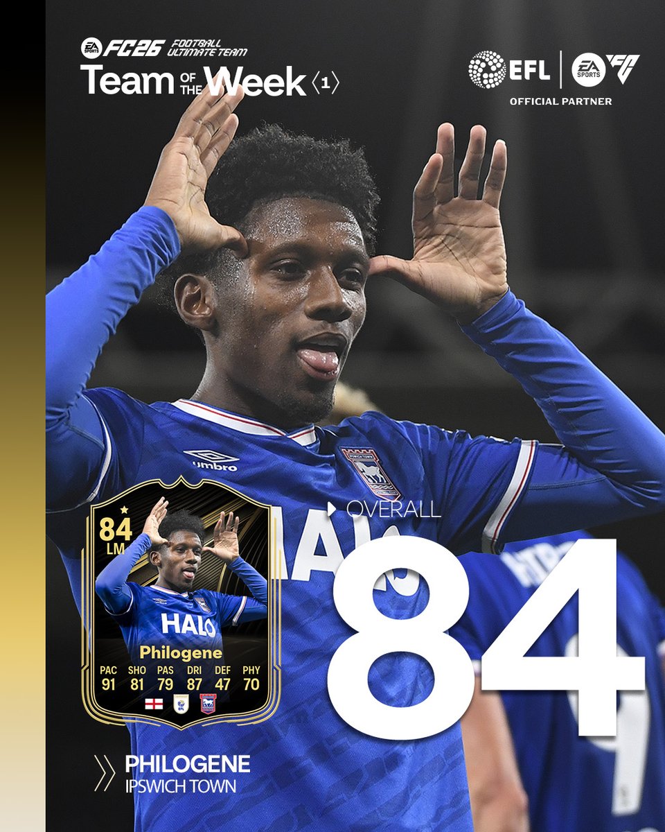 IpswichTown's tweet image. 🤩 After an incredible hat-trick, Jaden Philogene earns himself a spot in @EASPORTSFC Team of the week! 

Congratulations, Jaden! #TOTW #FC26