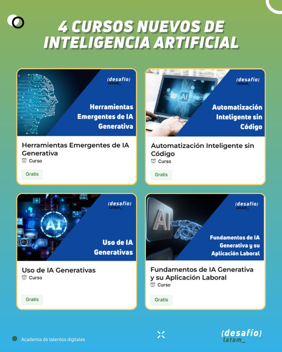 Este es el momento perfecto para comenzar:

 Herramientas emergentes de IA generativa
hubs.ly/Q03JHXgt0
Automatización inteligente sin código
hubs.ly/Q03JHXrP0
Uso de IA Generativas  
hubs.ly/Q03JHXZ30
Fucndamentos de IA generativa 
hubs.ly/Q03JHXsB0