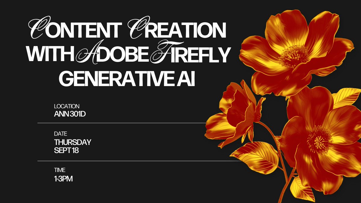 Want to experiment with creating content with generative AI? 🌁

Our Content Creation with Adobe Firefly Generative AI workshop is for you! 🌟

Thursday September 18 | 1pm-3pm | ANN 301D

RSVP: bit.ly/f25workshops

#dl #usc #uscannenberg #adobe #firefly #generativeai