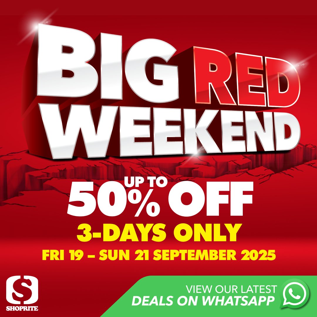 Shoprite_SA's tweet photo. 🚨 ALERT 🚨 Our BIG RED WEEKEND deals just dropped! 🔥🛒 Score up to 50% OFF on groceries, small appliances, household essentials and more for 3 DAYS ONLY. Friday 19 – Sunday 21 September 2025. Click to view deals: https://t.co/nPscjBzp5Z #ShopriteSA #BigRedWeekend https://t.co/iJQtv7fdwB