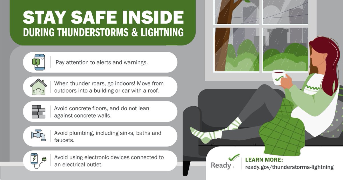 Thunderstorms can strike fast — make sure you’re safe inside:

- When thunder roars, head indoors
- Avoid concrete floors &amp; walls
- Stay away from sinks, baths &amp; faucets
- Don’t use electronics plugged into outlets

More tips: ready.gov/thunderstorms-…