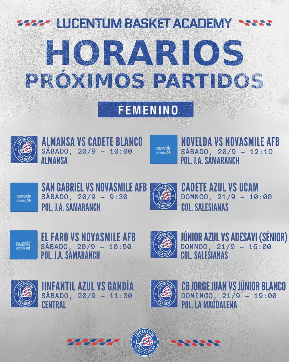 📝 Agenda de partidos para nuestros equipos de la #LucentumBasketAcademy

💙 ¡𝐕𝐚𝐦𝐨𝐬!