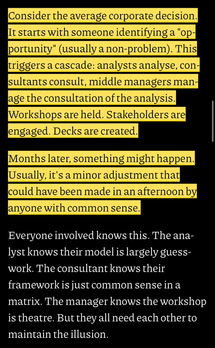 nurijanian's tweet image. “Consider the average corporate decision. It starts with someone identifying a &quot;opportunity&quot; (usually a non-problem).”

this is brutal &amp;amp; real 😅