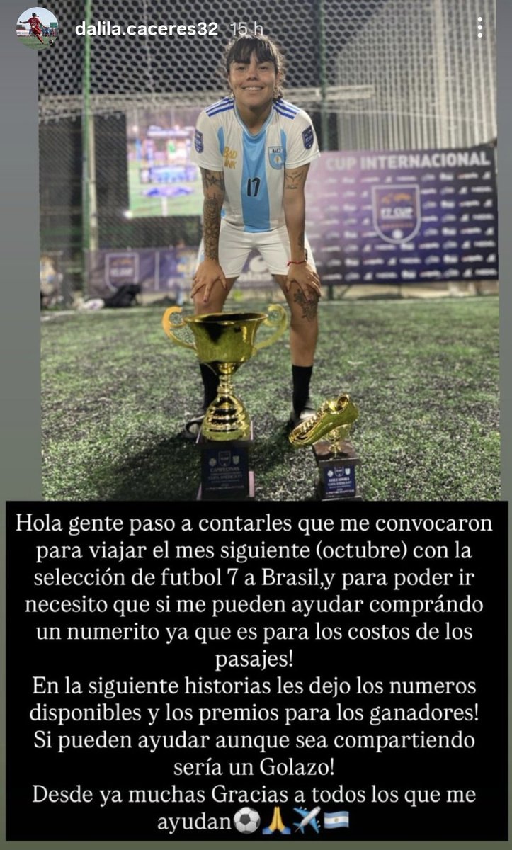 PasesExRacing's tweet image. Dalila Cáceres, ex jugadora de Racing, fue convocada nuevamente a la Selección Argentina F7 y está realizando una rifa para juntar los fondos que le permitan viajar a disputar la competición 🇧🇷