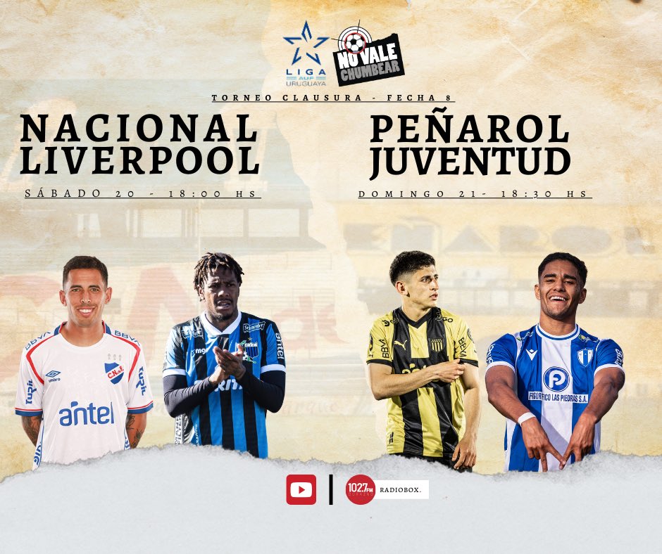 El sábado estaremos en el partido donde 𝐍𝐚𝐜𝐢𝐨𝐧𝐚𝐥 recibirá a 𝐋𝐢𝐯𝐞𝐫𝐩𝐨𝐨𝐥 en el 𝐆𝐏𝐂.⚽

El domingo, estaremos en el CDS para el partido donde se enfrentan 𝐌𝐚𝐧𝐲𝐚𝐬 y 𝐏𝐞𝐝𝐫𝐞𝐧𝐬𝐞𝐬 .⚽

Se juega la fecha 8 y la vivís por 𝐍𝐎 𝐕𝐀𝐋𝐄 𝐂𝐇𝐔𝐌𝐁𝐄𝐀𝐑📻