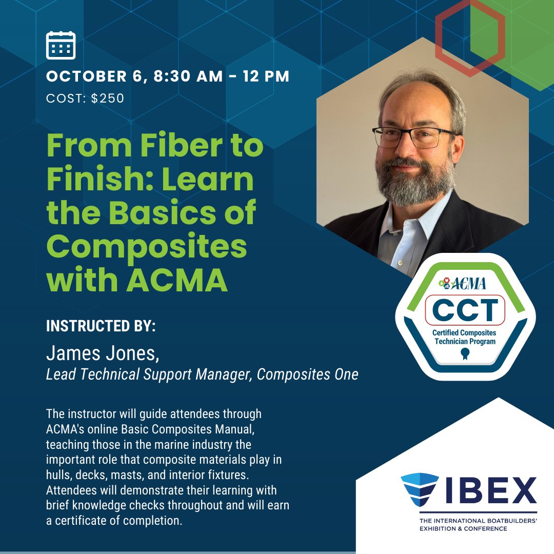 Master the Basics of Composites at #IBEX2025! Join ACMA on Oct 6 in Tampa for a half-day, hands-on training + earn your Basics of Composites Certificate. Seats are limited—register now! 👉 hubs.la/Q03JL5-T0

#Composites #MarineIndustry #Training #ACMA #IBEX