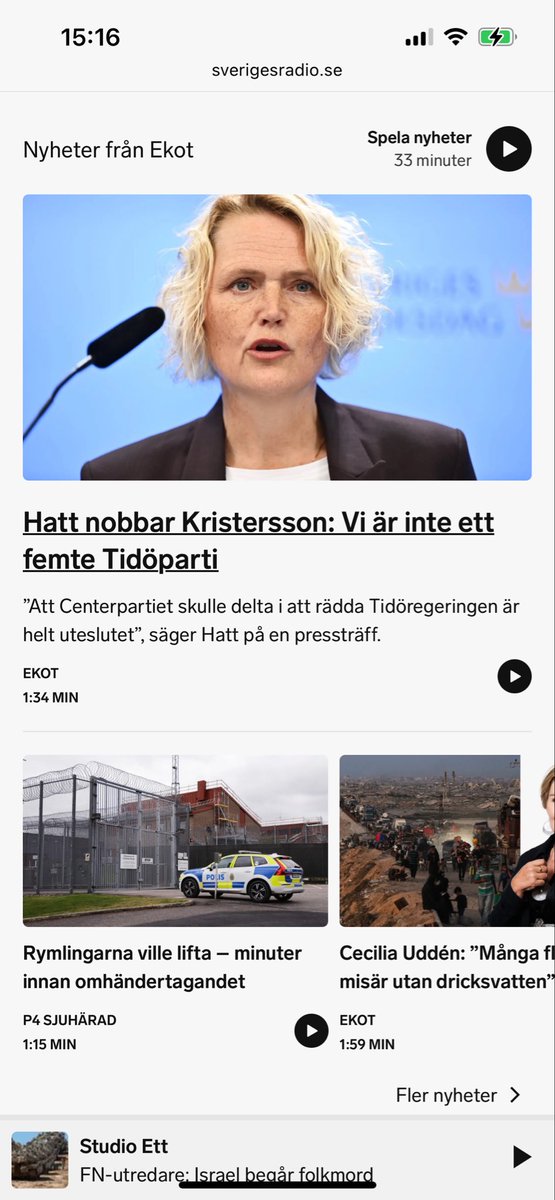 SternStefan's tweet image. Här talar Hatt för interna opinionen, dvs för husfriden inom Centern, på ett sätt som gör att SR:s reporter tror att C-ledaren tackat nej till tillväxtsamtal. När hon i själva verket säger ja till möten. Hatt har skriande behov av att visa att partiet har någon roll/inflytande.