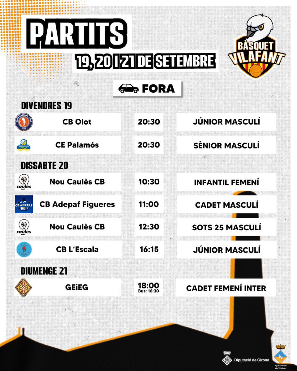 Bàsquet Vilafant (@basquetvilafant) on Twitter photo 📣 Els partits d'aquest cap de setmana 19, 20 i 21 de setembre!
#totssomunequip #vilafanàticsdelbàsquet #vilafant @ajvilafant @rtgironafcbq #esportsddgi 📣 Els partits d'aquest cap de setmana 19, 20 i 21 de setembre!
#totssomunequip #vilafanàticsdelbàsquet #vilafant @ajvilafant @rtgironafcbq #esportsddgi