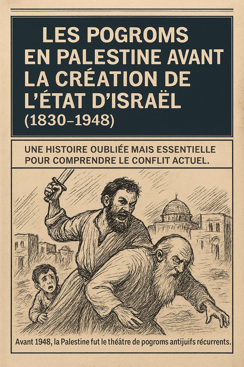 🧵 THREAD : Les pogroms en Palestine avant la création de l’État d’Israël (1830–1948)

1️⃣ Bien avant le 7 octobre, la Palestine fut le théâtre de pogroms antijuifs récurrents. Ces violences visaient à dissuader les Juifs de s’installer ou de rester sur cette terre.