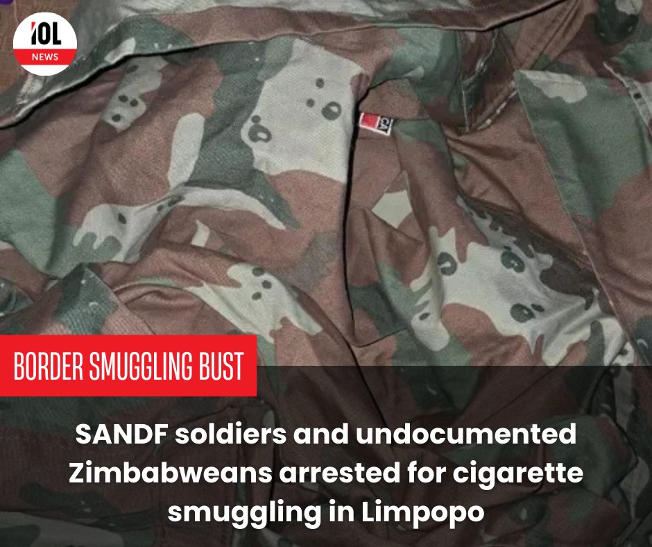 IOL's tweet photo. Five SANDF members and two undocumented Zimbabweans were arrested near the Limpopo River for allegedly plotting to steal illicit cigarettes.
#SANDF #bordermanagement #bordercrime #crimeandcourts
Read on https://t.co/hUElWhMw8H https://t.co/0OgsVsvqqg
