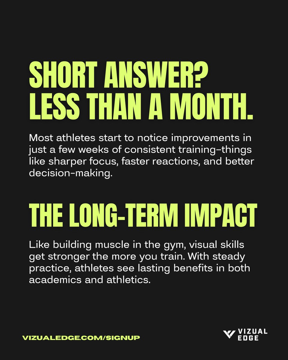 Parents and athletes often ask: “How long until I see results with Vizual Edge?” Some athletes notice improvements in just a few weeks—faster reactions, sharper focus, and better on-field performance.
With consistent training, the results only build. vizualedge.com/signup