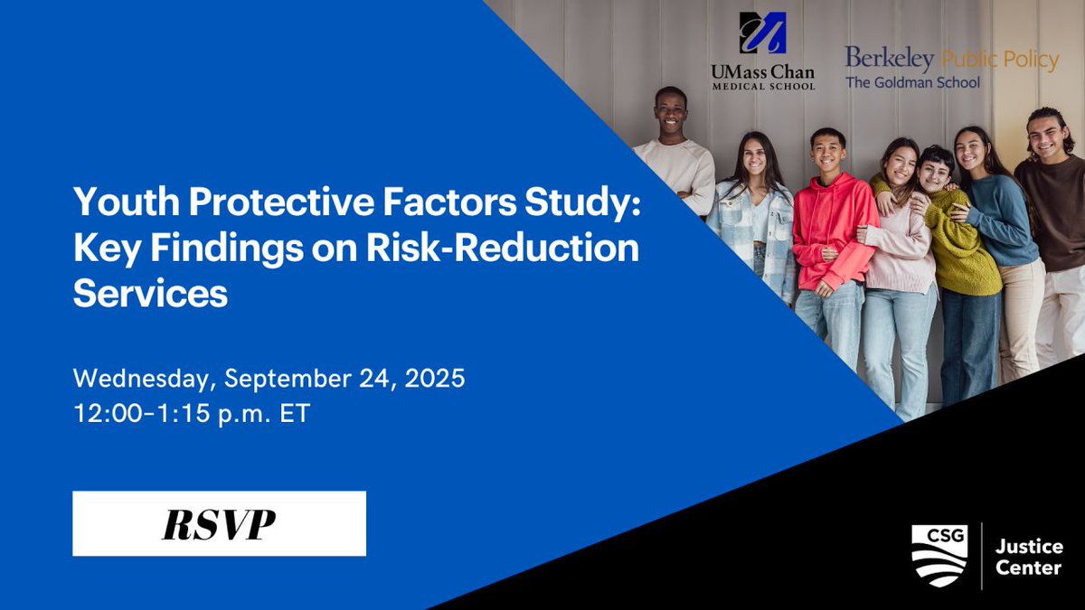 CSGovts's tweet image. Mark your calendar: A webinar addressing the unprecedented multistate, multiyear Youth Protective Factors Study will be held Sept. 24, will be hosted by the @CSGJC, @UMass_SPARC, and UC Berkeley’s Risk Resilience Research (@GoldmanSchool).
This webinar will highlight key…