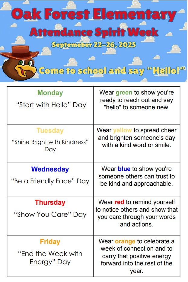 It’s Attendance Spirit Week at OFE! Each day we’ll celebrate making connections, spreading kindness, and showing school spirit! Let’s make every day count—attendance matters!