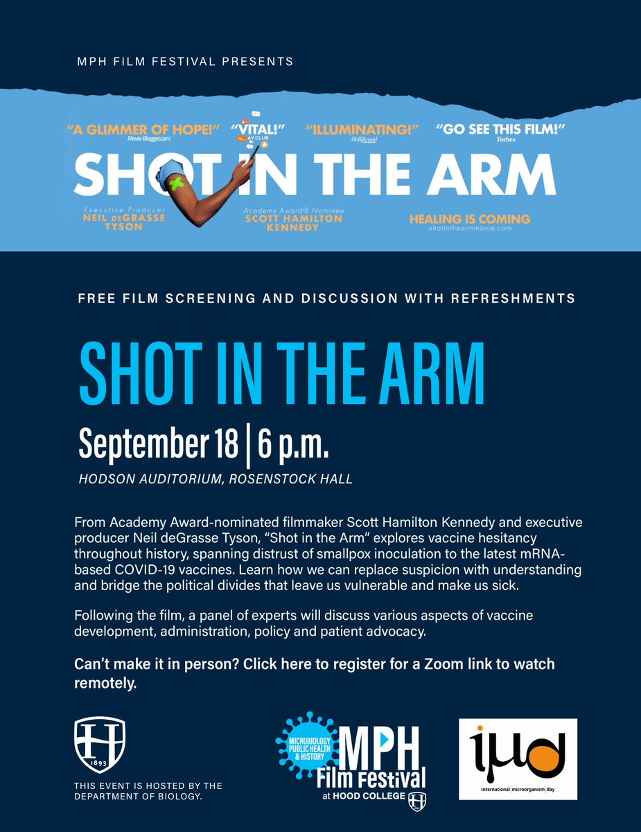 MMCMicrobio's tweet image. We celebrate @IntMicroDay tmr (Sep 18) @hood_college and on #Zoom with &quot;Shot in the Arm&quot;. Come see the #film and ask questions of our panelists, including @dr_andrealove and @gorskon!

Can&apos;t come in person? #Zoom invitation registration:
tinyurl.com/mph-film-fest

@frednewspost
