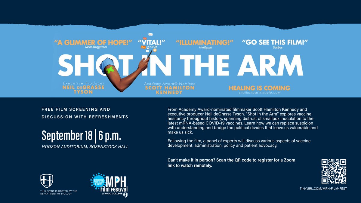 MMCMicrobio's tweet image. We celebrate @IntMicroDay tmr (Sep 18) @hood_college and on #Zoom with &quot;Shot in the Arm&quot;. Come see the #film and ask questions of our panelists, including @dr_andrealove and @gorskon!

Can&apos;t come in person? #Zoom invitation registration:
tinyurl.com/mph-film-fest

@frednewspost