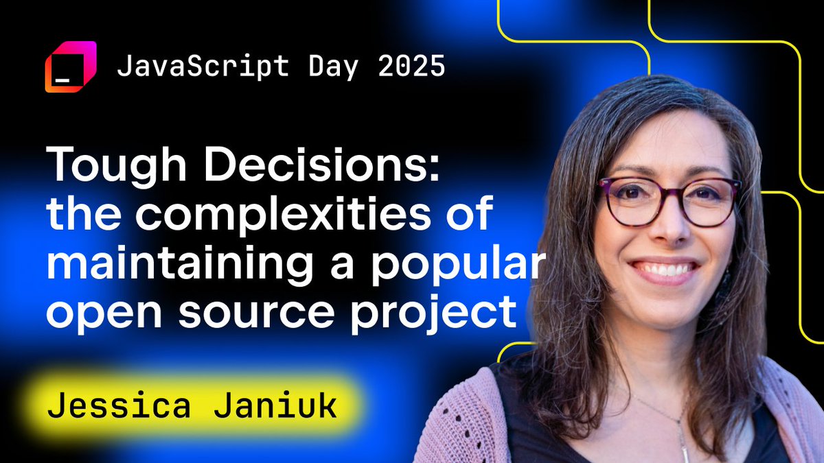 WebStormIDE's tweet image. Introducing JetBrains #JavaScriptDay2025 speakers and talks!

She’ll give the perfect wrap-up to our event with her perspective from the Angular maintainer’s seat.

🎙️ Tough Decisions: The Complexities of Maintaining a Popular Open Source Project, by Jessica Janiuk
🗓️ October 2,…