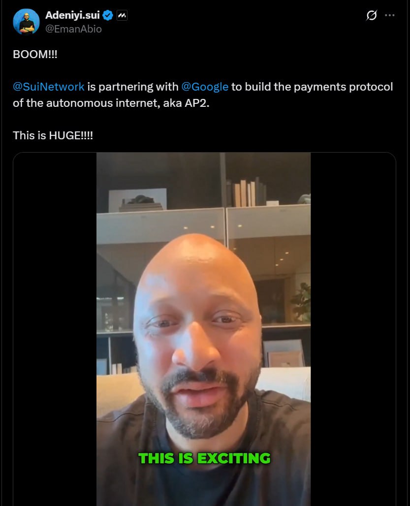 Mirza_crypt's tweet image. 📣 @SuiNetwork Adoption BOOM!!! 🚀

🖥 Sui Network x Google are teaming up to build AP2 the payments protocol for the autonomous internet.

🚀 This is MASSIVE news! 🔥😳😳