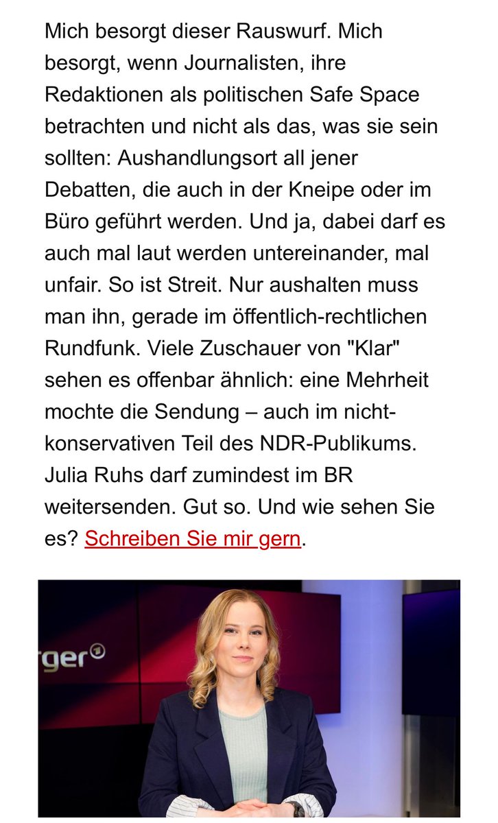 »Mich besorgt, wenn Journalisten, ihre Redaktionen als politischen Safe Space betrachten und nicht als das, was sie sein sollten: Aushandlungsort all jener Debatten, die auch in der Kneipe oder im Büro geführt werden.«

Ein paar Worte im <a href="/sternde/">stern</a>-Newsletter zum Fall Ruhs