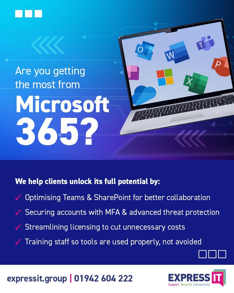 expressitgroup's tweet image. 💻 Is your Microsoft 365 working for you or against you?  Most businesses only scratch the surface of what 365 can do. 

If you’re paying for 365, you should be getting maximum value. Let’s make it work smarter for you. 

🌐 expressit.group  
☎️ 0330 175 8282