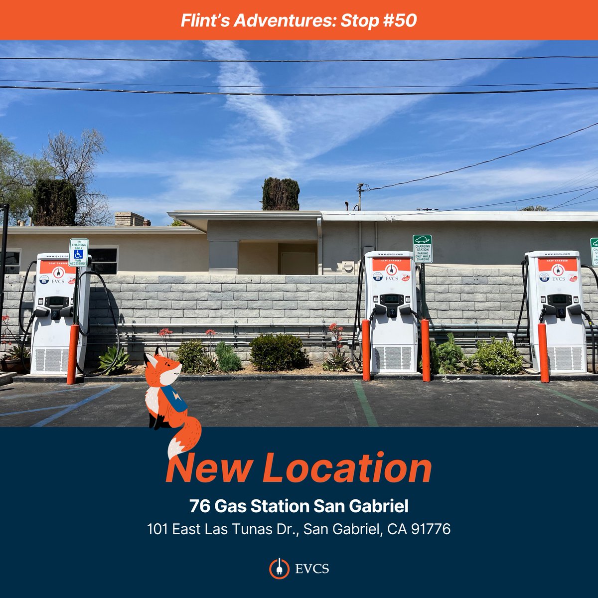 EVCSnetwork's tweet image. Our newest location marks Flint’s 50th stop on the road trip. 🦊⚡

EVCS has commissioned 3 new DC Fast chargers at the 76 Gas Station in San Gabriel, CA, further strengthening our network. Here’s to the next 50!

#FlintsAdventures