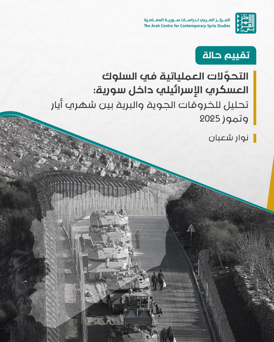 مركز حرمون للدراسات المعاصرة (@harmooncenter) on Twitter photo رصد التصاعد في التدخلات الإسرائيلية داخل سورية، بين أيار/ مايو وتموز/ يوليو 2025:
•غارات جوية واسعة استهدفت بنى دفاعية تقليدية
•توغلات برية متكررة في القنيطرة ودرعا
•دعم غير مباشر لفواعل محلية في السويداء
#سوريا #إسرائيل #السويداء <a href="/NavvarSaban/">Navvar Şaban نوار شعبان قباقيبو</a>
harmoon.org/?p=63232 رصد التصاعد في التدخلات الإسرائيلية داخل سورية، بين أيار/ مايو وتموز/ يوليو 2025:
•غارات جوية واسعة استهدفت بنى دفاعية تقليدية
•توغلات برية متكررة في القنيطرة ودرعا
•دعم غير مباشر لفواعل محلية في السويداء
#سوريا #إسرائيل #السويداء <a href="/NavvarSaban/">Navvar Şaban نوار شعبان قباقيبو</a>
harmoon.org/?p=63232
