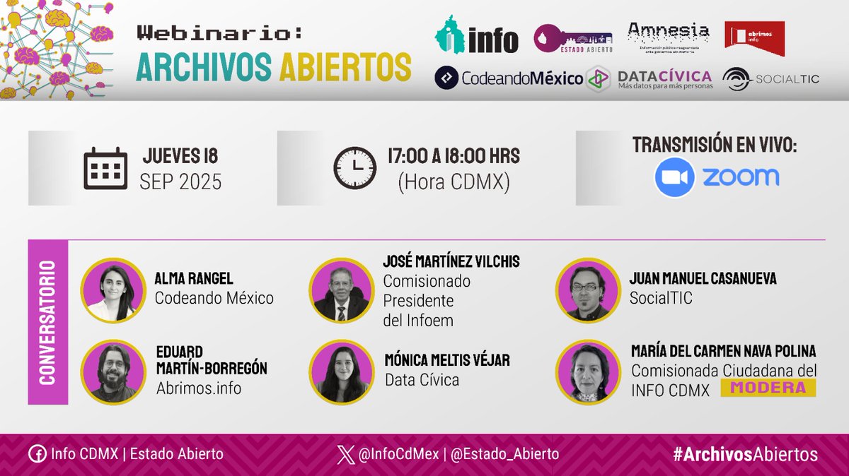 InfoCdMex's tweet image. ¡Ya es mañana! 🙌🏾

El Webinario: Archivos Abiertos
Participan: @almarngl, de @CodeandoMexico; @emartinborregon, de @AbrimosInfo; @josemvilchis, de @Infoem; Mónica Meltis Véjar, de @datacivica; y @jm_casanueva, de @socialtic.

Modera: @MaricarmenNava, Comisionada del #INFOCDMX.…
