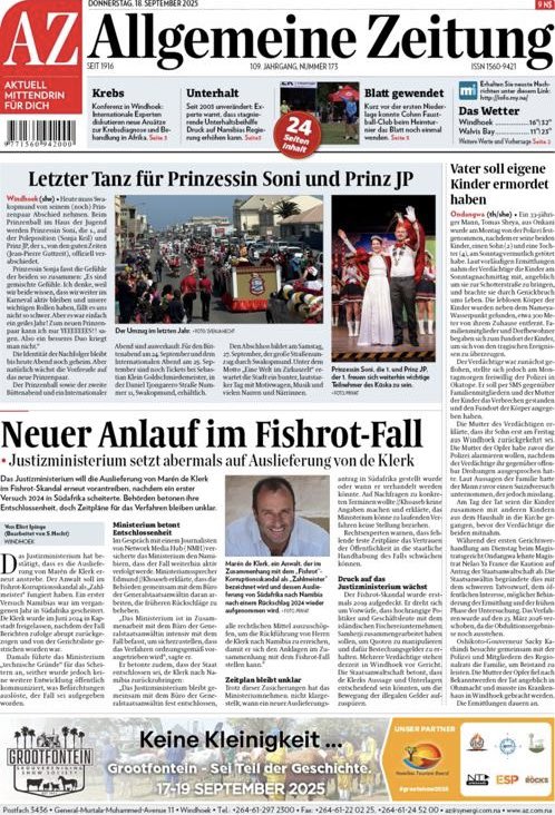AZnamibia's tweet photo. Ein Blick auf die Titelseite der morgigen AZ📰:

#frontpage #aznamnews #nhmnews #titelseite #az #krebs #unterhaltsbeihilfe #justiz #fishrot #deklerk #regierung #konferenz  #küska #prinzenpaar https://t.co/0srQ5QyNQj