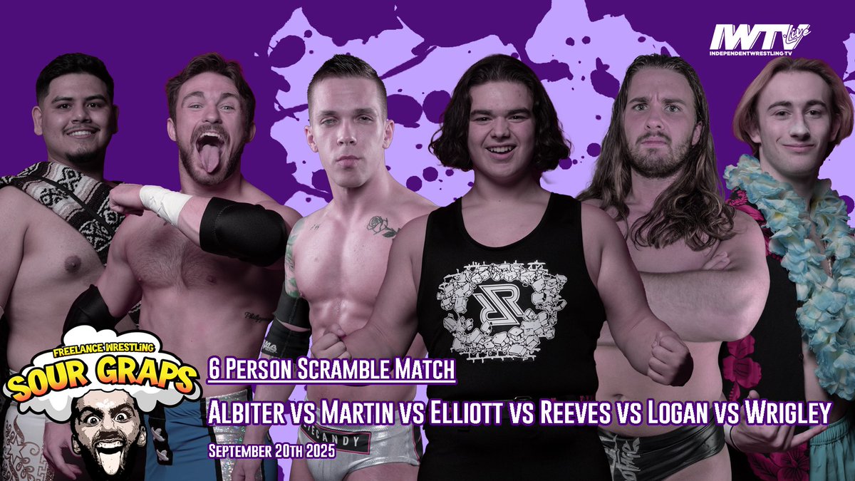 🚨Match Announcement!!!🚨
TIX:freelancewrestling.com

Scramble Match:
Albiter v Martin v Eyecandy v Reeves v <a href="/sabotagesean/">Sabotage</a> v Wrigley 

Sour Graps
#FreelanceGraps

Sat 9/20/25
Logan Square Auditorium  
2539 N Kedzie Blvd  
Chicago, IL 60647  

Doors: 7p
Bell: 8p

Streaming LIVE