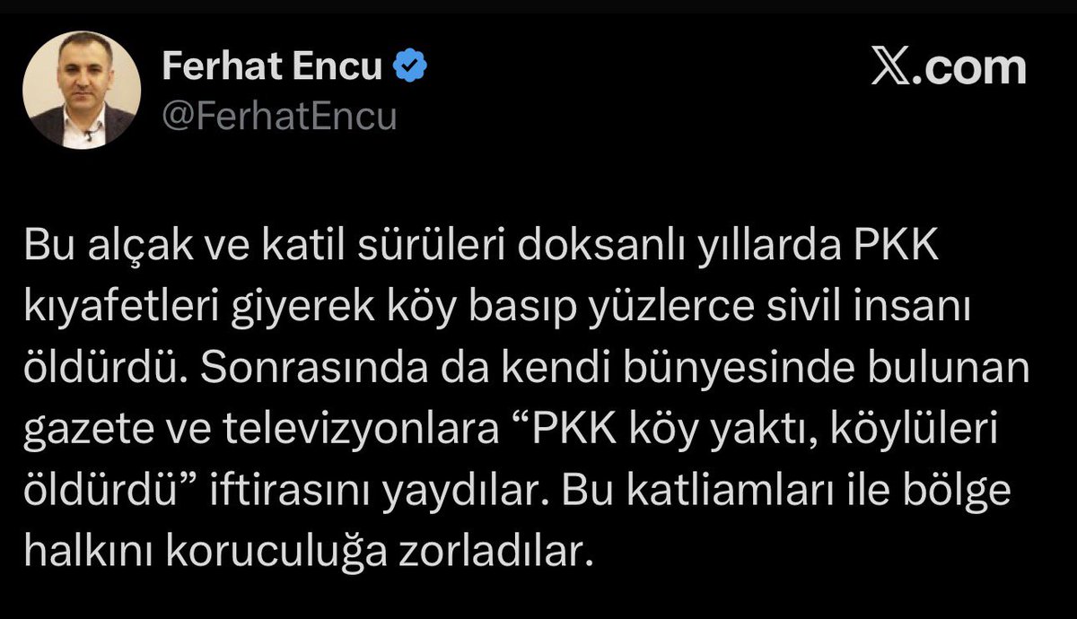 Bu bölücü söylemlerde bulunan şahısa gözaltı kararı gelmeli artık. 

Şanlı Türk Silahlı Kuvvetleri’ne kimse bu şekilde iftira atamaz! 

Kucağından kalkmadığınız o eli kanlı katillerin işlediği katliamlara bizzat şahidiz!