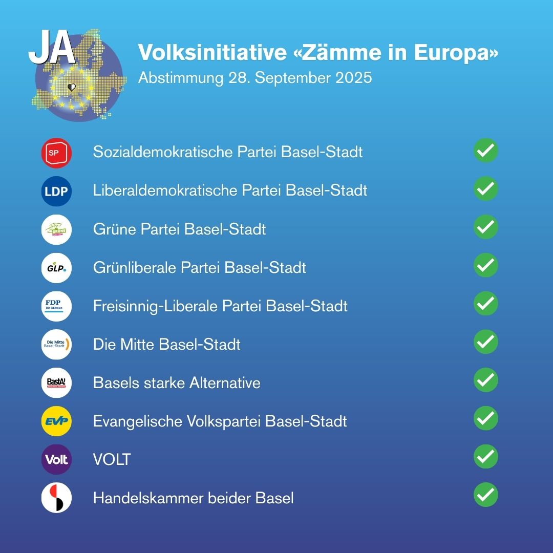 ZaemmeinEuropa's tweet photo. Du bist noch unschlüssig, wie Du bei der kant. Volksinitiative "Zämme in Europa" stimmst? 🤔🗳️ 

Diese Parteien und die Handelskammer empfehlen ein JA! 👇#Abst25 #CHEU @BaselStadt https://t.co/lKnFEHmSOK