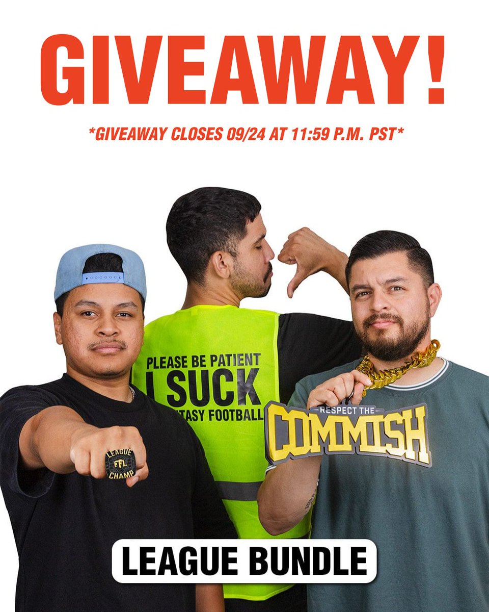 TrophySmack's tweet image. IT&apos;S GIVEAWAY TIME! 🚨

We&apos;re giving away our Fantasy Football League Bundle! Includes: Championship Ring, Loser Vest and Commish Chain.

HOW TO ENTER:
🏈 Must be following @trophysmack on X
💍 Reshare this post
🏅 Comment your fantasy team name 

*Giveaway closes 09/24 at 11:59…