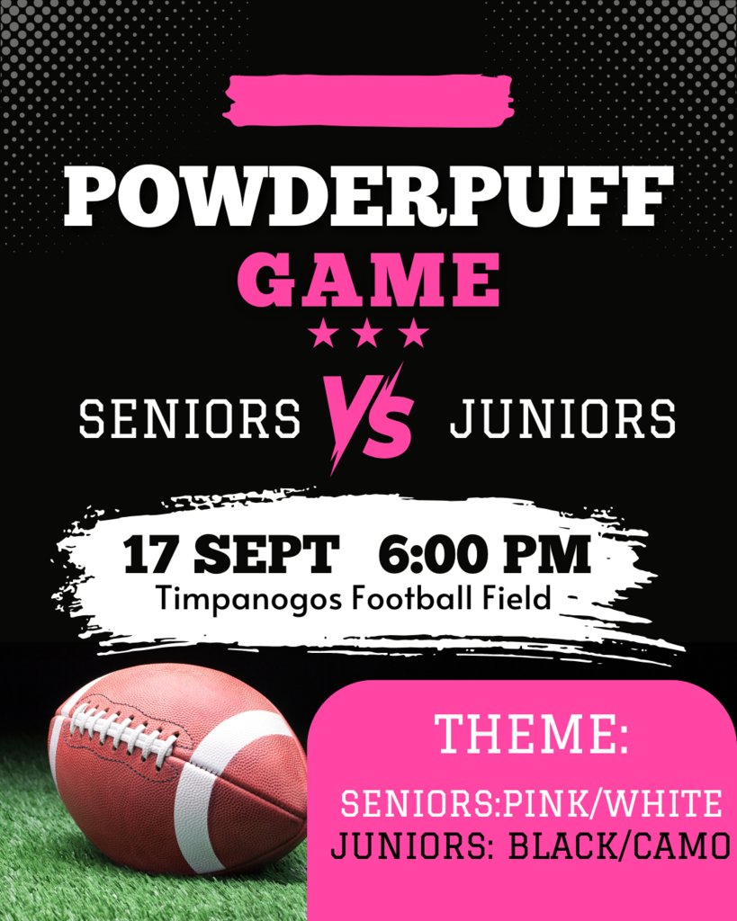 The Powder Puff Football Game is TONIGHT, September 17th! The game starts at 6:00 pm in the stadium!