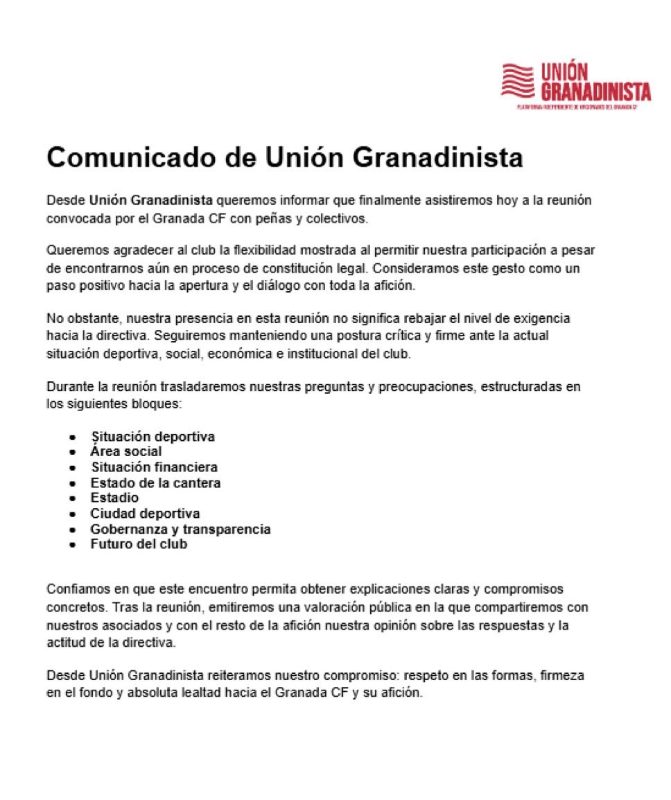 Comunicado sobre la asistencia a la reunión de Peñas y Colectivos con el Granada CF.