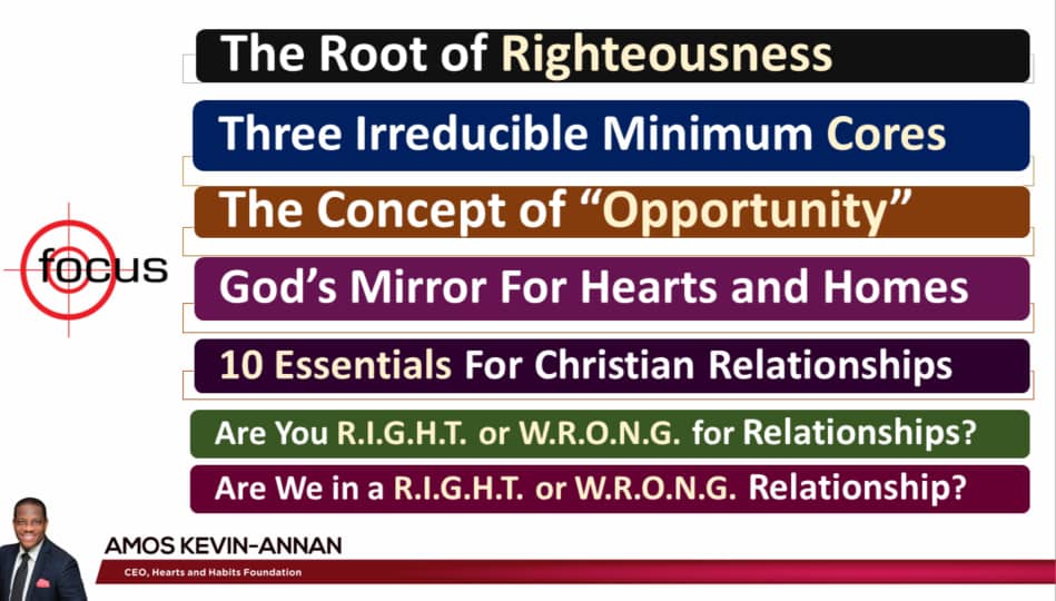 Tonight Elder Amos Kevin-Annan aims to finish off with the final part of "RELATIONSHIPS OF THE RIGHTEOUS." 

Come prepared for a night of learning and unlearning, filled with impactful lessons that will inspire and transform

Venue: ICGC Zoe Temple, Comm. 5, Tema 
Time: 6:30 PM
