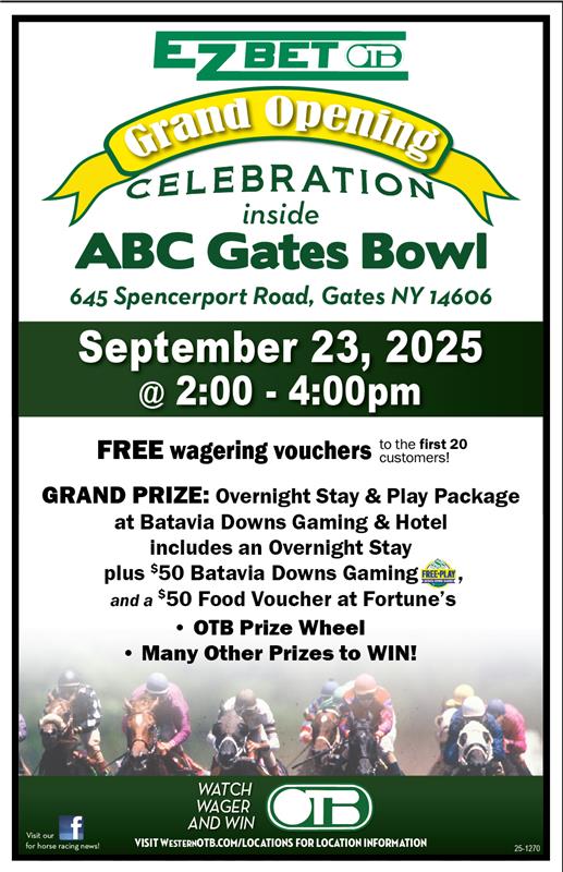 #GrandOpening! ⭐ We are proud to announce a NEW E-Z Bet location inside <a href="/abc_gatesbowl/">ABCGatesBowl</a>!

Be one of the first 20 customers to visit between 2-4 pm on Tuesday, September 23rd &amp; receive a FREE wagering voucher! Plus, get in on tons of exciting prize giveaways!

📍 645 Spencerport