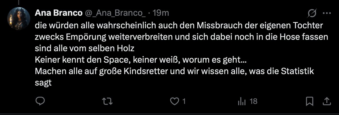 RealWuppi's tweet photo. Für uns von rechts ist diese Frau im linken Lager ein Segen.

Niemand ist abstoßender als diese linke Figur, die sich über die Gefühle von Vergewaltigungsopfern und ihren Angehörigen lustig macht. Ich mache mich über vieles lustig, aber auf den Gefühlen eines Vaters herumzutrampeln, der im Space seine Emotionen zeigt und sie ihn verachtungsvoll fragt: „Wie war es, als sie gefickt wurde?“

Eine Entschuldigung wird man von dieser widerwärtigen Person nie hören. Sie sollte auch aus dem linken Lager ausgestoßen werden.