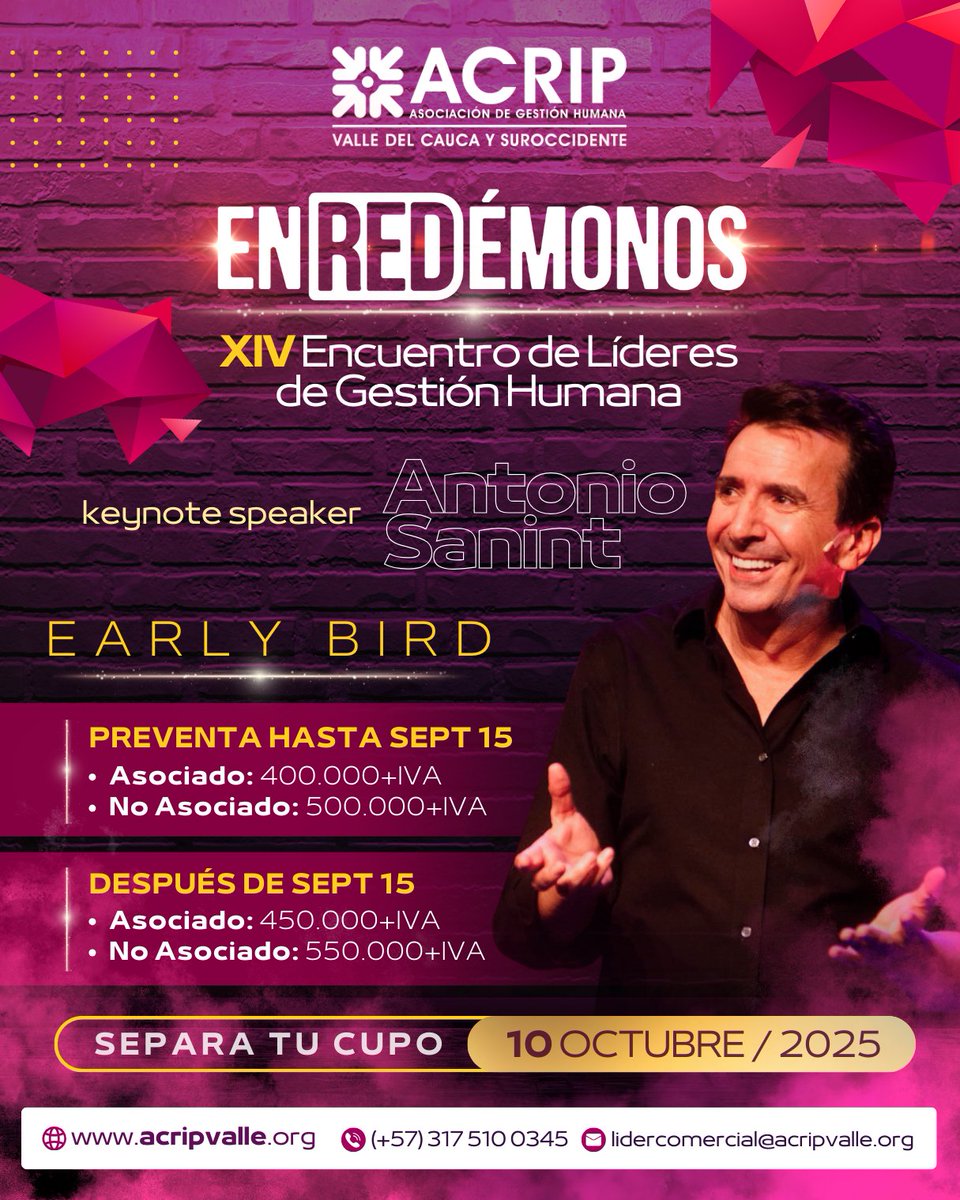 Este 10 de octubre, el XIV Encuentro de Líderes de Gestión Humana será el punto de encuentro de los empresarios y ejecutivos que creen en el poder del talento como motor del éxito.

Clic Aquí: share.hsforms.com/1rWmEY6u9Qya7K…

🌐 acripvalle.org