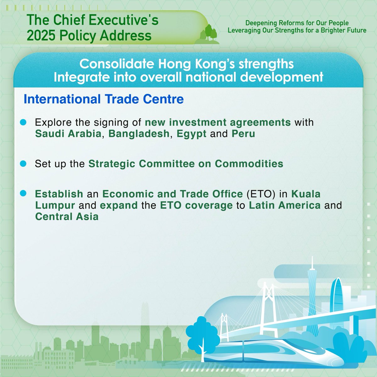 The #policyaddress2025 announces initiatives to strengthen HK’s role as an international trade centre, including establishing an Economic and Trade Office (ETO) in Kuala Lumpur and expansion of the ETO coverage to Latin America and Central Asia.