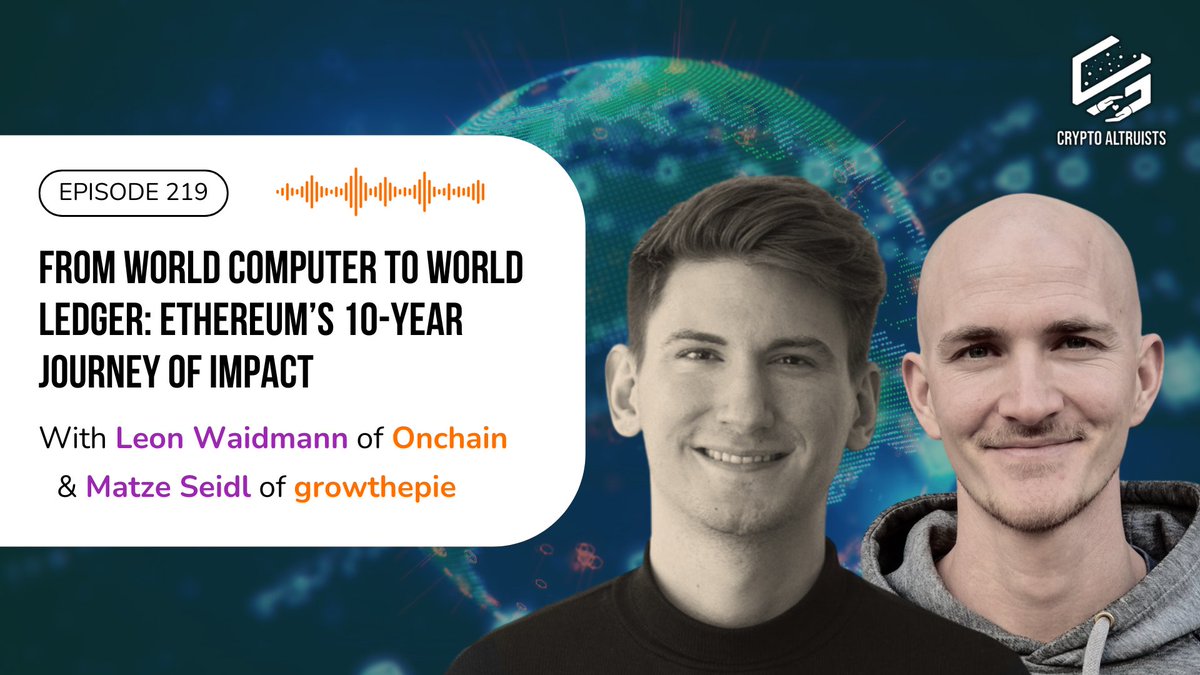 Crypto_Altruism's tweet image. 10 years in and Ethereum's impact story is just getting started🌱🌐
We sat down w/ @web3_data of @growthepie_eth & @LeonWaidmann of @OnchainHQ to discuss their new report on Ethereum's first decade & its path to becoming the World Ledger 🔗🌏
🎧Listen: cryptoaltruists.com/blog/crypto-al……
