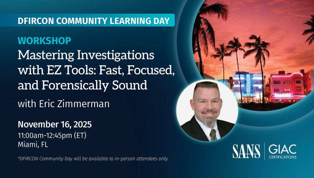 sansforensics's tweet image. 🌴 Join @EricRZimmerman at #DFIRCON for Mastering Investigations with #EZTools. You&apos;ll explore tools like KAPE, RECmd, &amp;amp; ShellBags Explorer to take your skills to the next level.

🔗 Learn more about DFIRCON &amp;amp; Community Learning Day: sans.org/u/1CRS 
🚨 In-person only